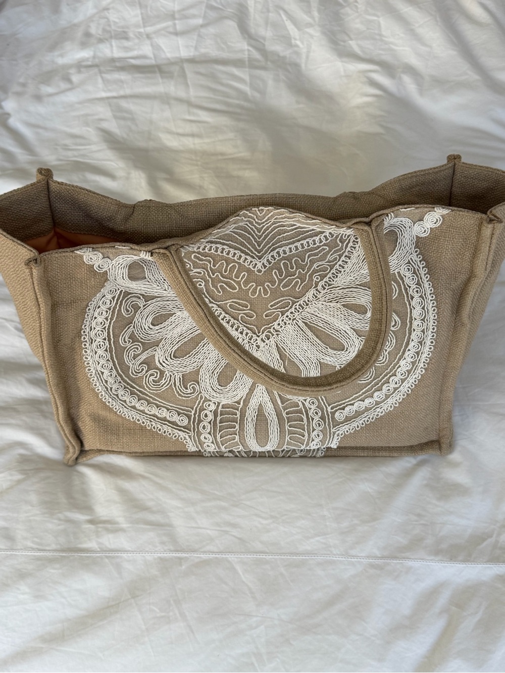 Embroidered Tan Canvas Tote with White Detail